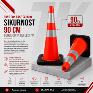 Cono con Base Caucho 90 cm Doble Cinta Sikurnost para señalización vial