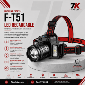 Linterna Frontal LED Recargable F-T51 para trabajos industriales y nocturnos
