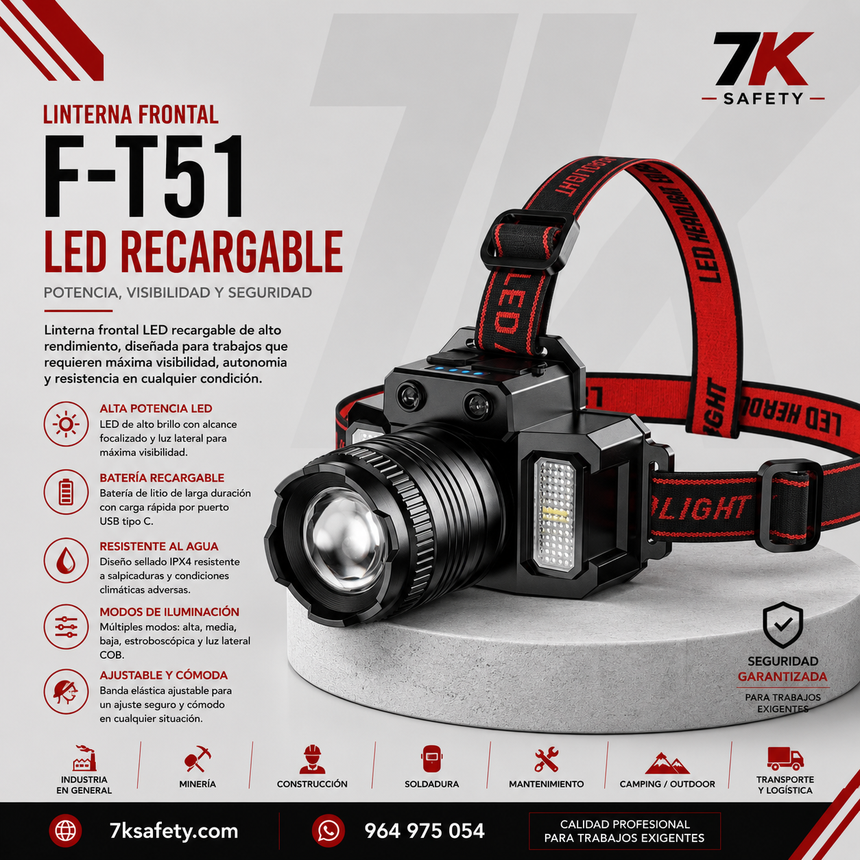 Linterna Frontal LED Recargable F-T51 para trabajos industriales y nocturnos